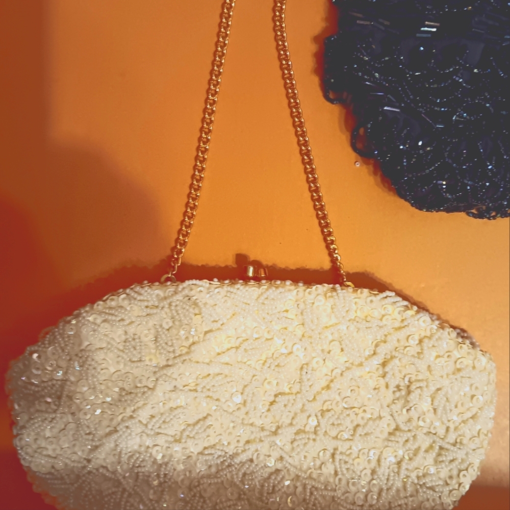 Oval White Beaded Vintage Bag C. 1980s